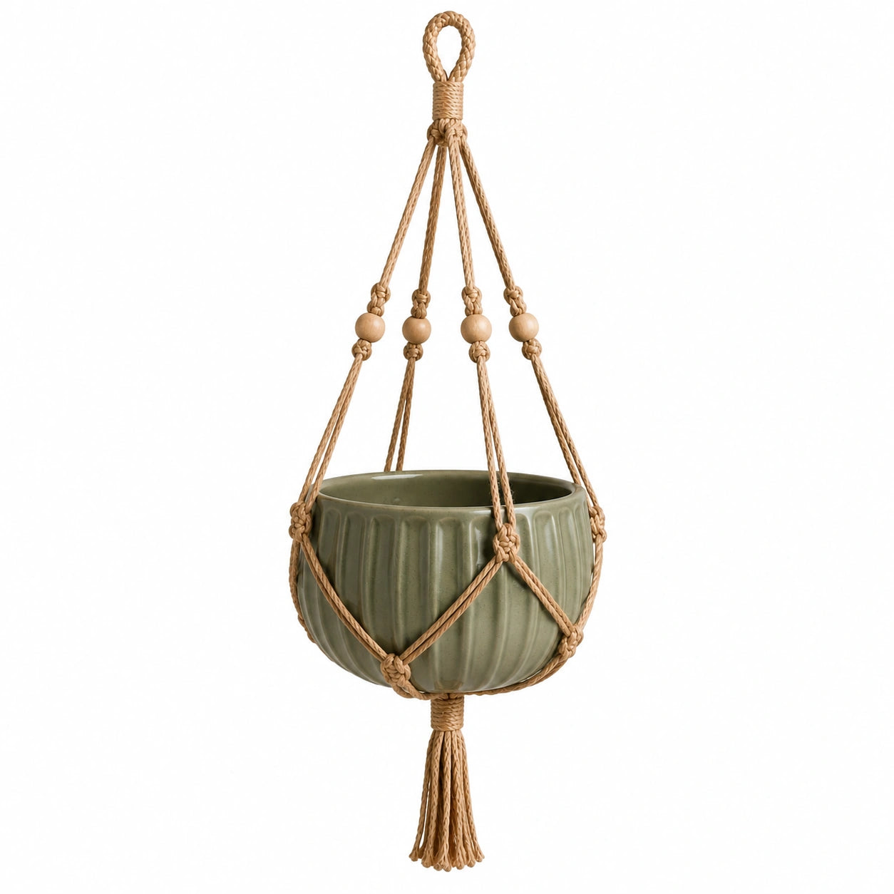 Pot de fleurs suspendu Ø 15 cm en céramique vert olive avec corde tressée style bohème