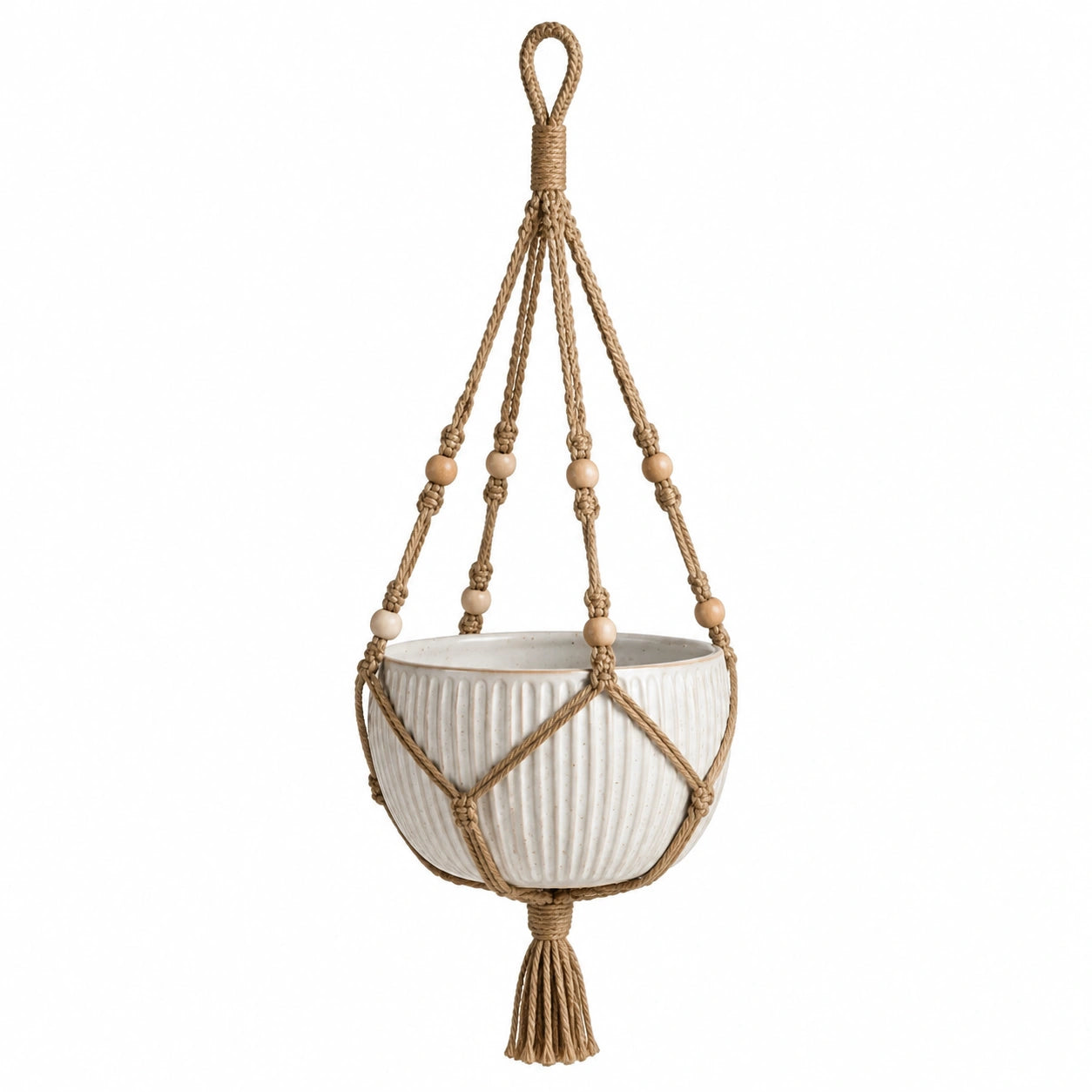 Pot de fleurs suspendu diamètre 15 cm en céramique blanc avec corde tressée style bohème