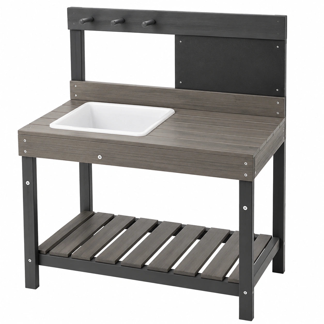 Établi de jardin 100 x 50 x 150 cm en bois gris avec bac blanc et tablette de rangement