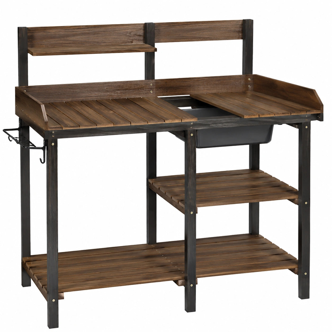 Table de jardinage 117 x 45 x 160 cm en bois brun avec bac et étagères