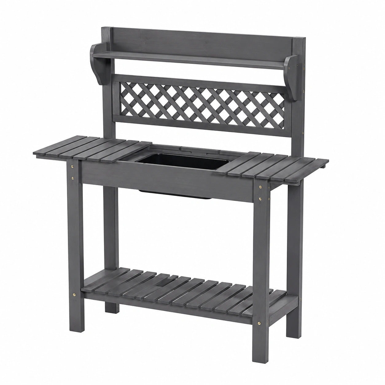 Table de jardinage 117 cm en bois gris avec bac amovible et étagère