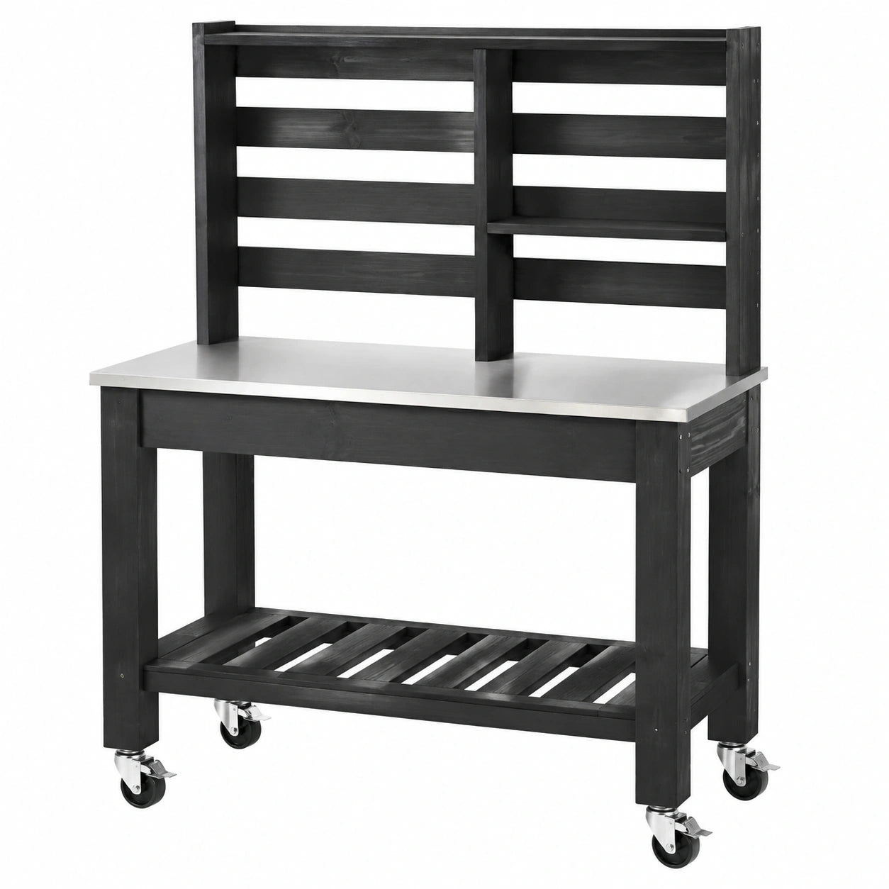 Table de jardinage 110 x 50 x 160 cm en bois noir avec plateau inox et roulettes