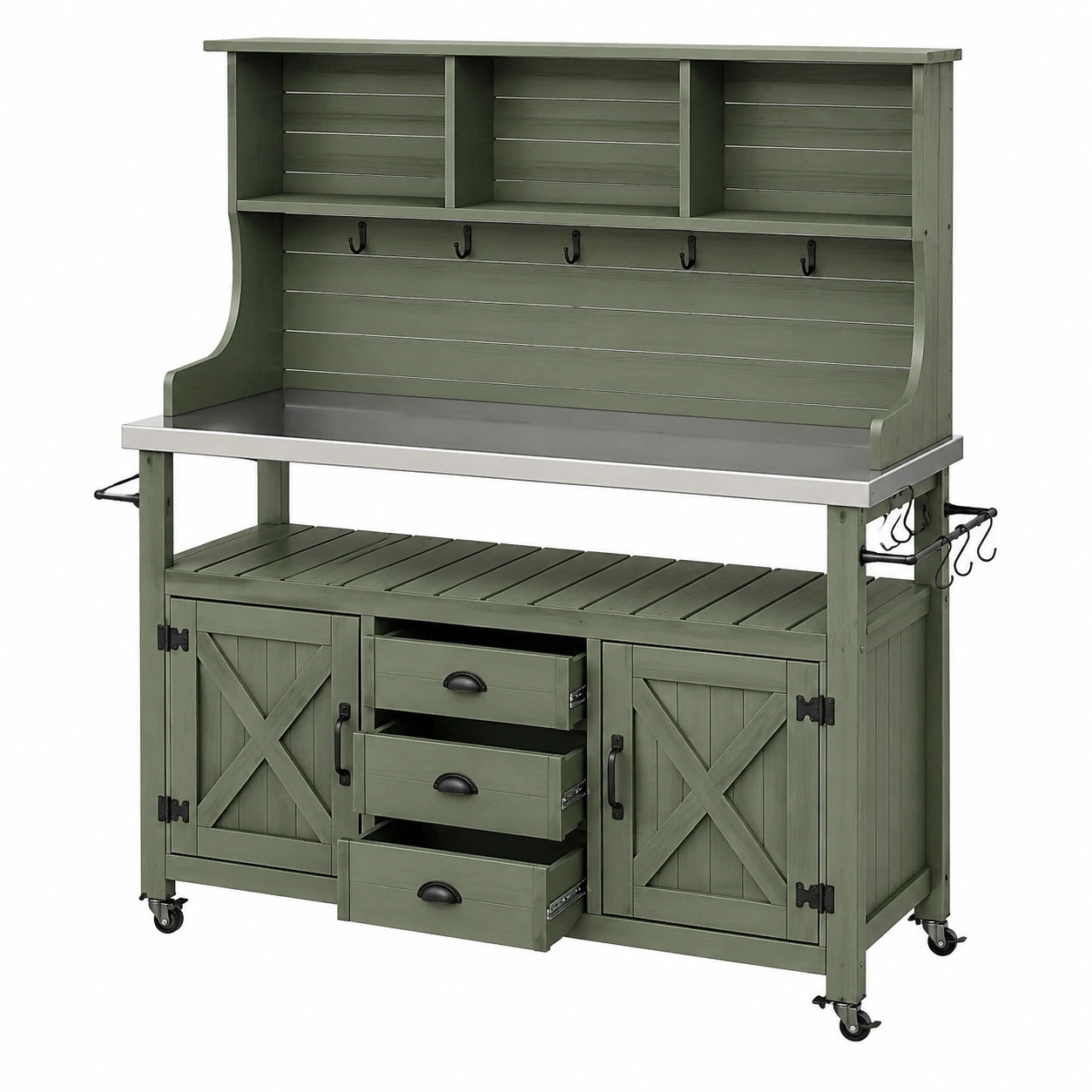 Table de jardinage 120 x 60 x 190 cm en bois vert avec rangement et crochets