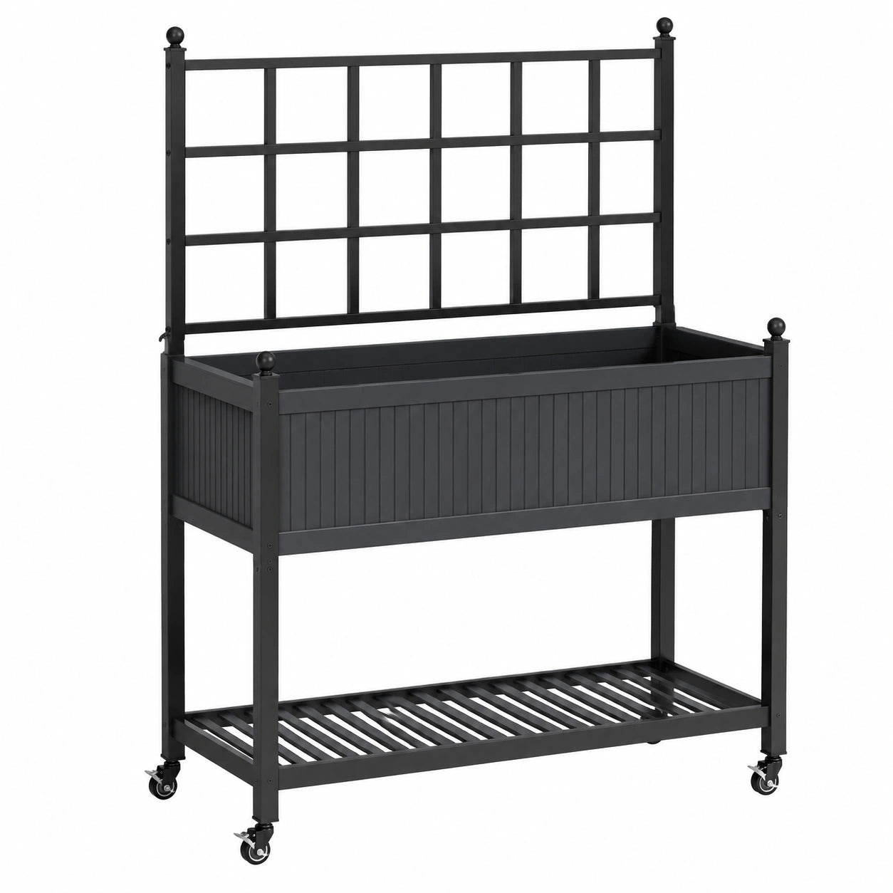 Jardinière surélevée 100 x 40 x 180 cm en acier noir avec treillis et roulettes