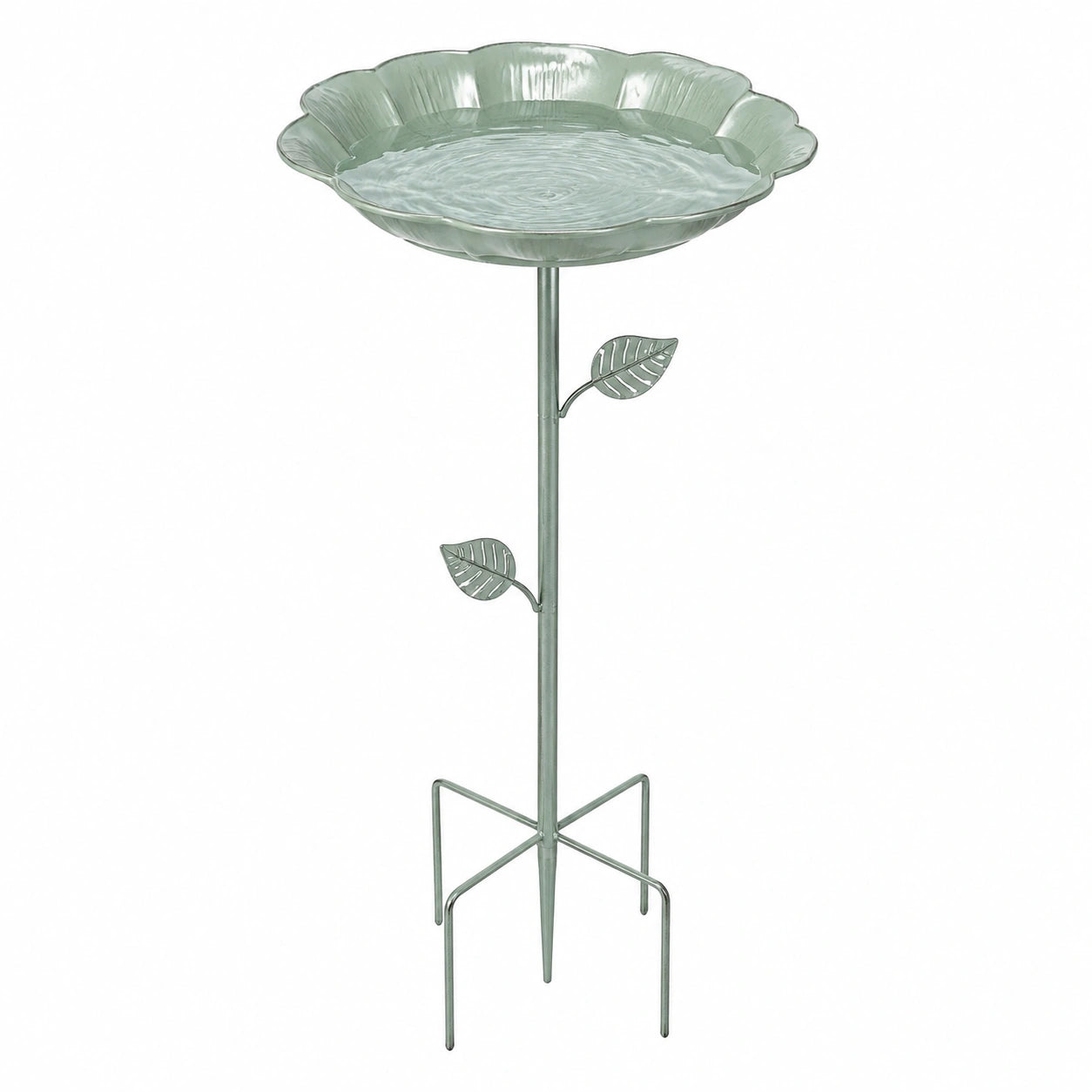 Bain d’oiseaux sur pied 35 cm en acier vert style floral pour jardin