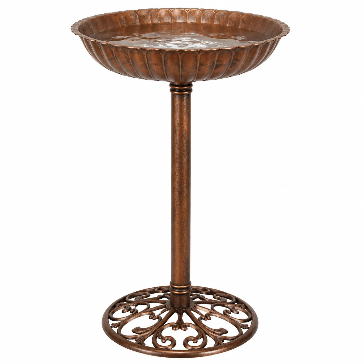 Bain d’oiseaux sur pied en métal brun diamètre 45 cm hauteur 75 cm style classique pour jardin