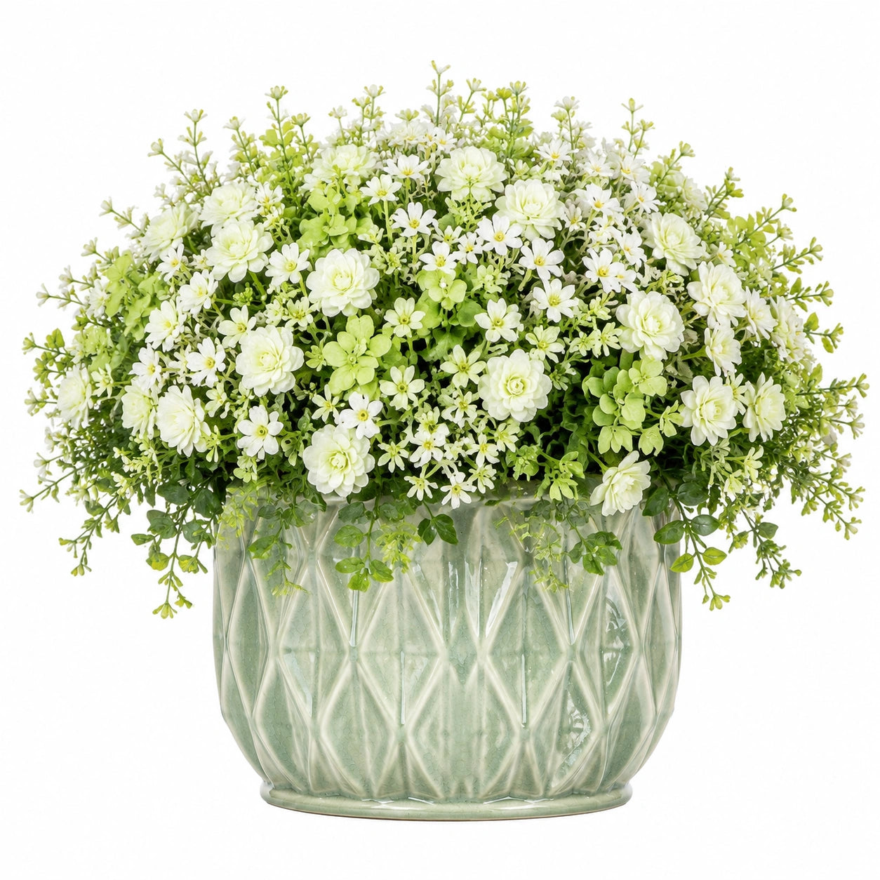 Plante fleurie artificielle en pot 42 cm blanc vert en céramique décorative