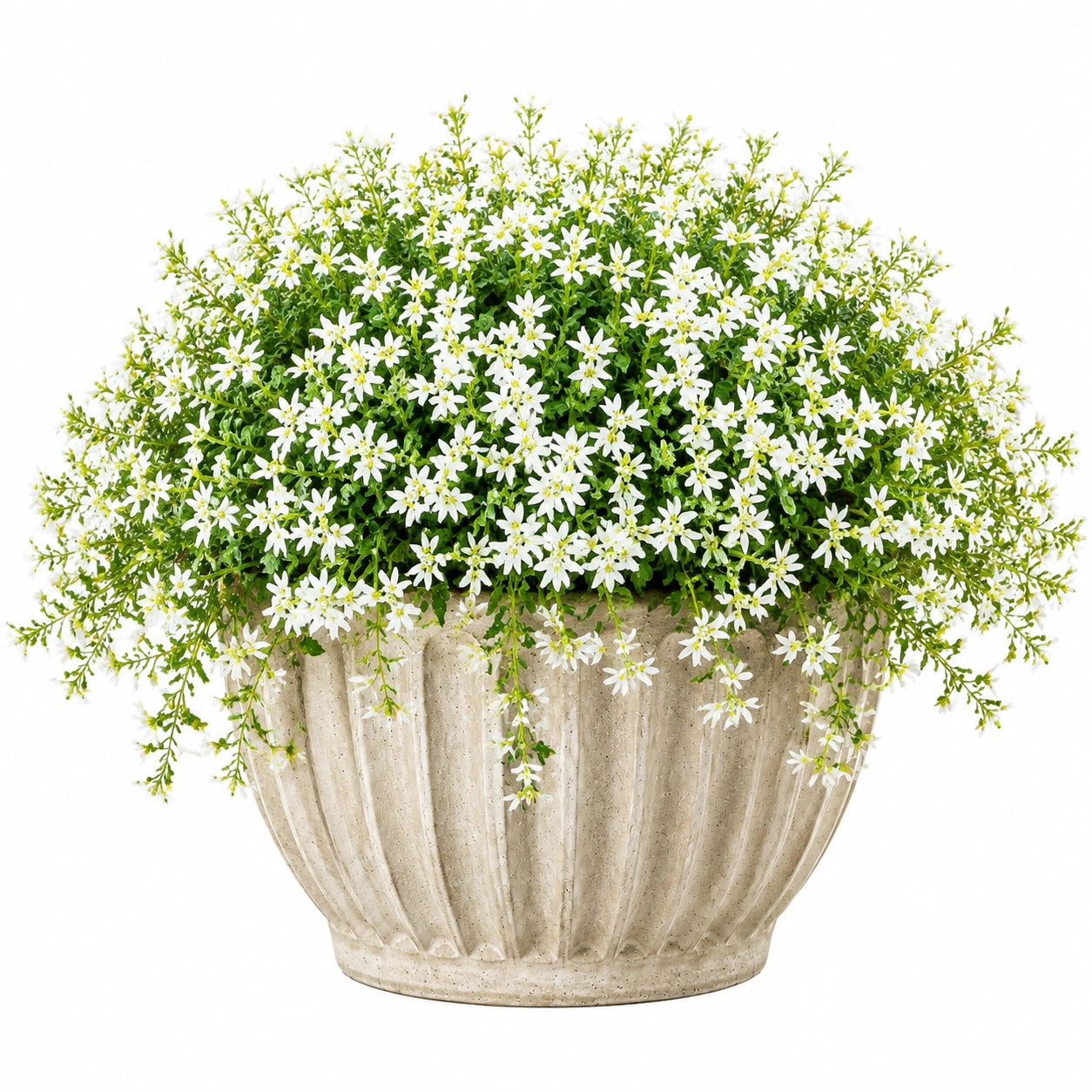 Plante artificielle en pot 42 cm fleurs blanches feuillage vert vase en béton style champêtre
