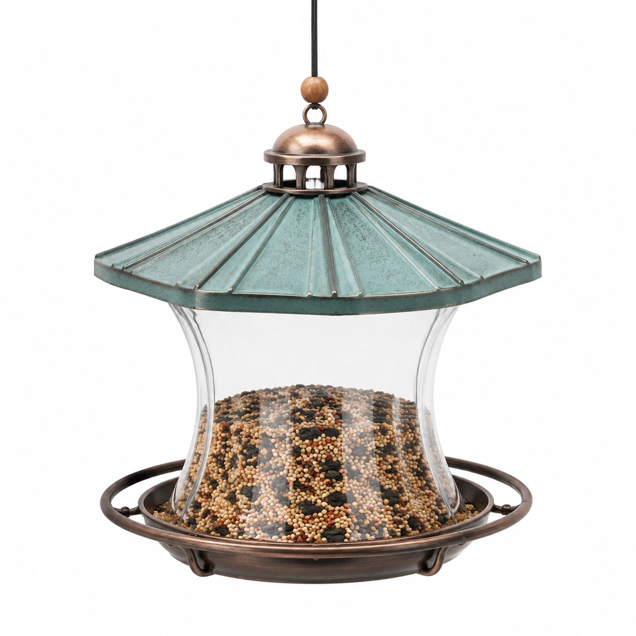 Mangeoire à oiseaux suspendue 25 cm métal verre vert bronze avec plateau circulaire