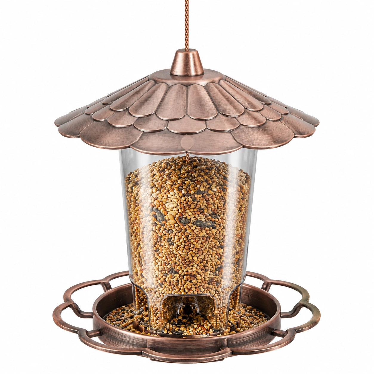 Mangeoire à oiseaux suspendue diamètre 28 cm métal couleur cuivre et plastique transparent pour extérieur toit décoratif