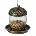 Mangeoire à oiseaux suspendue 25 cm en verre et métal bronze avec plateau de nourrissage