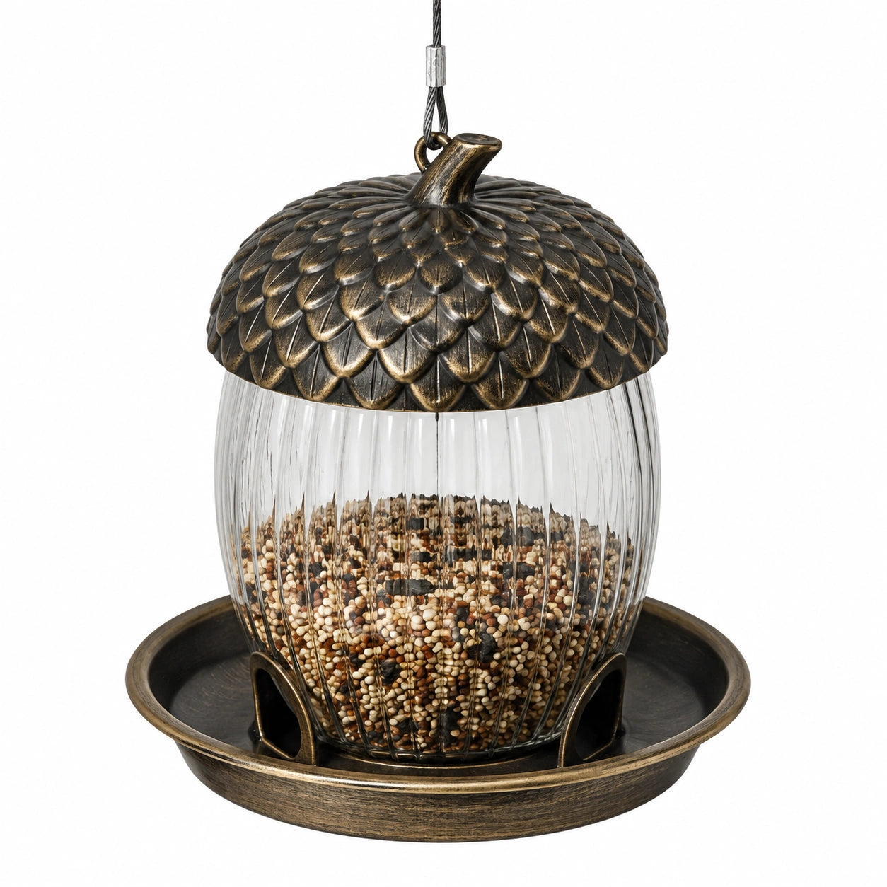 Mangeoire à oiseaux suspendue 25 cm en verre et métal bronze avec plateau de nourrissage